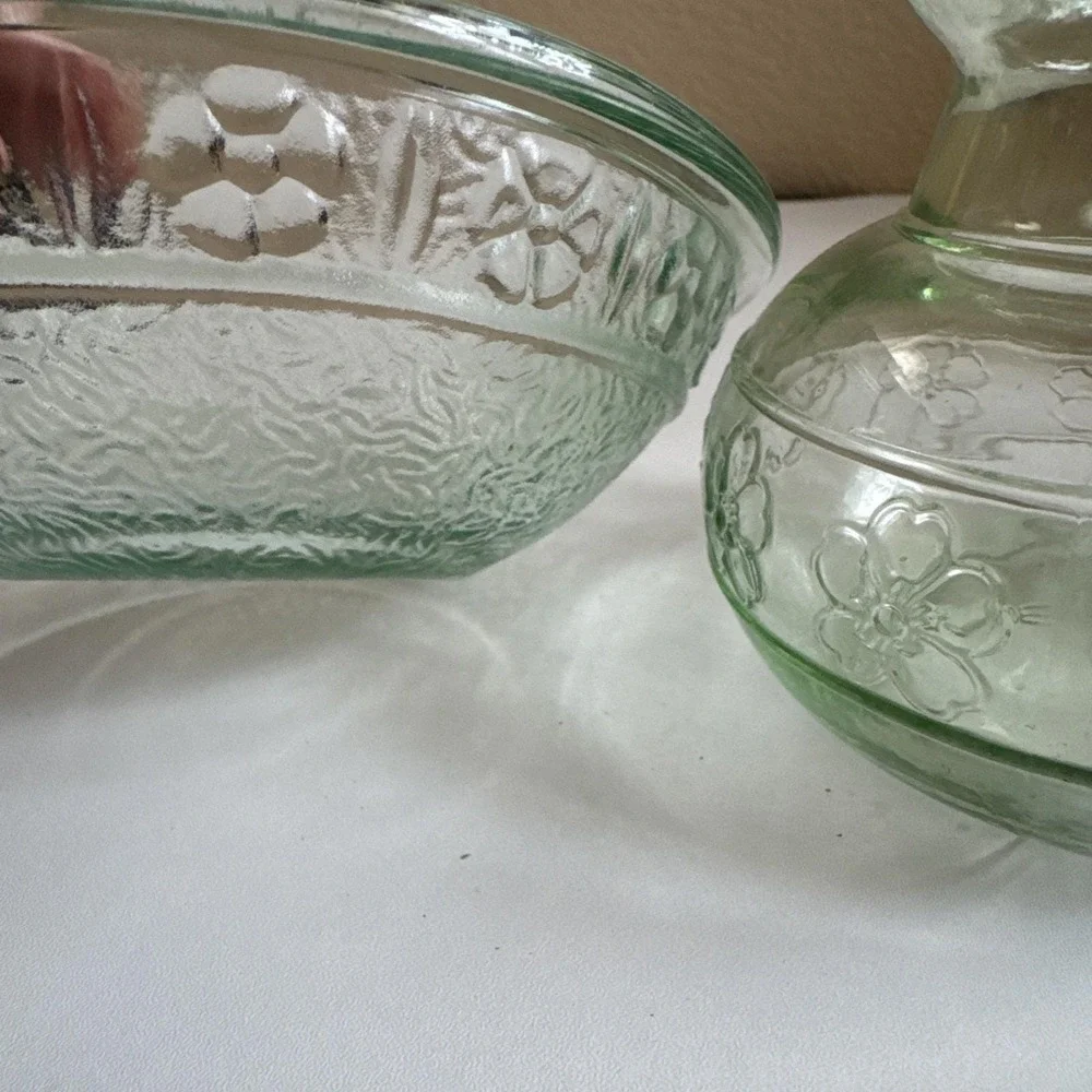 Glass Bulb Forcing Vase W/ Embossed Flower Motif  W/matching Bowl Uranium Glass